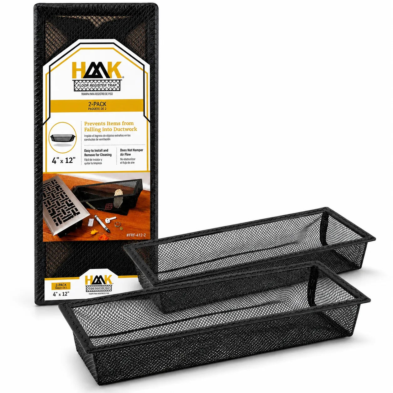 Black mesh desk organizer with HAK packaging on a white background