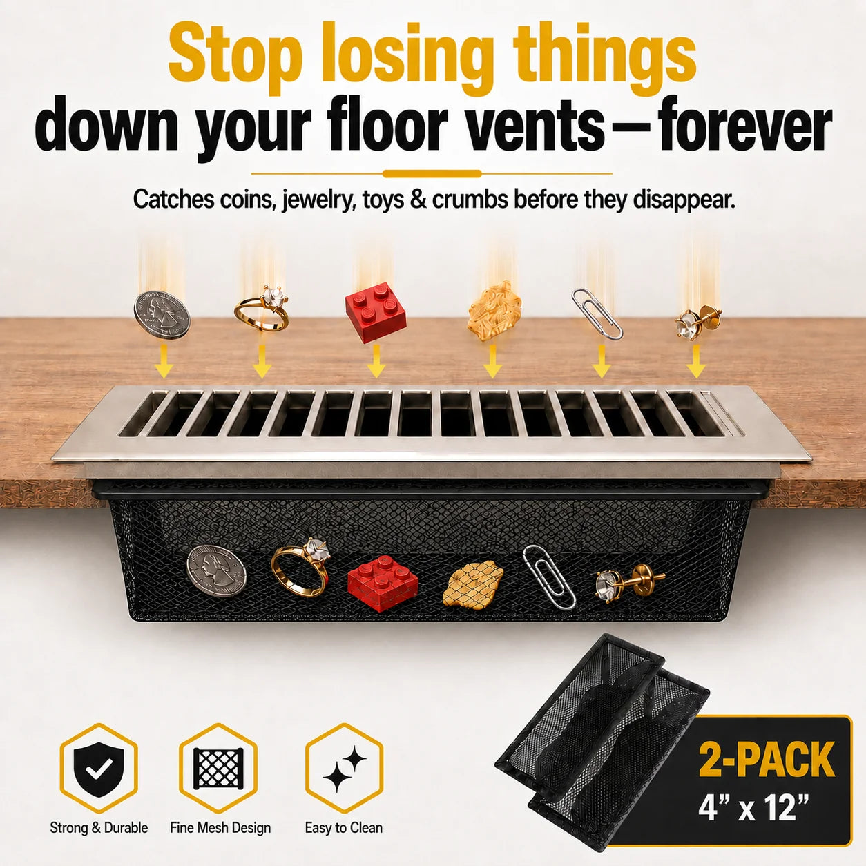 Floor vent cover with mesh pocket catching coins, jewelry, toys, and crumbs on a wooden floor.