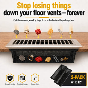 Floor vent cover with mesh pocket catching coins, jewelry, toys, and crumbs on a wooden floor.