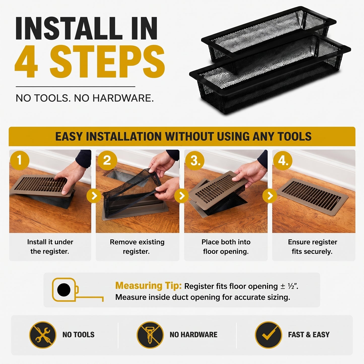 Floor Register Trap | Screen for Home Air Vent Filters (2-Pack / 4,6,8-Pack)